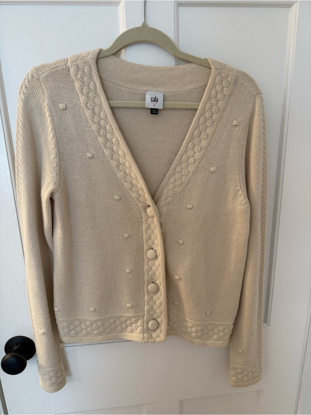 CAbi Cream Textured V-Neck Bobble Button Cardigan